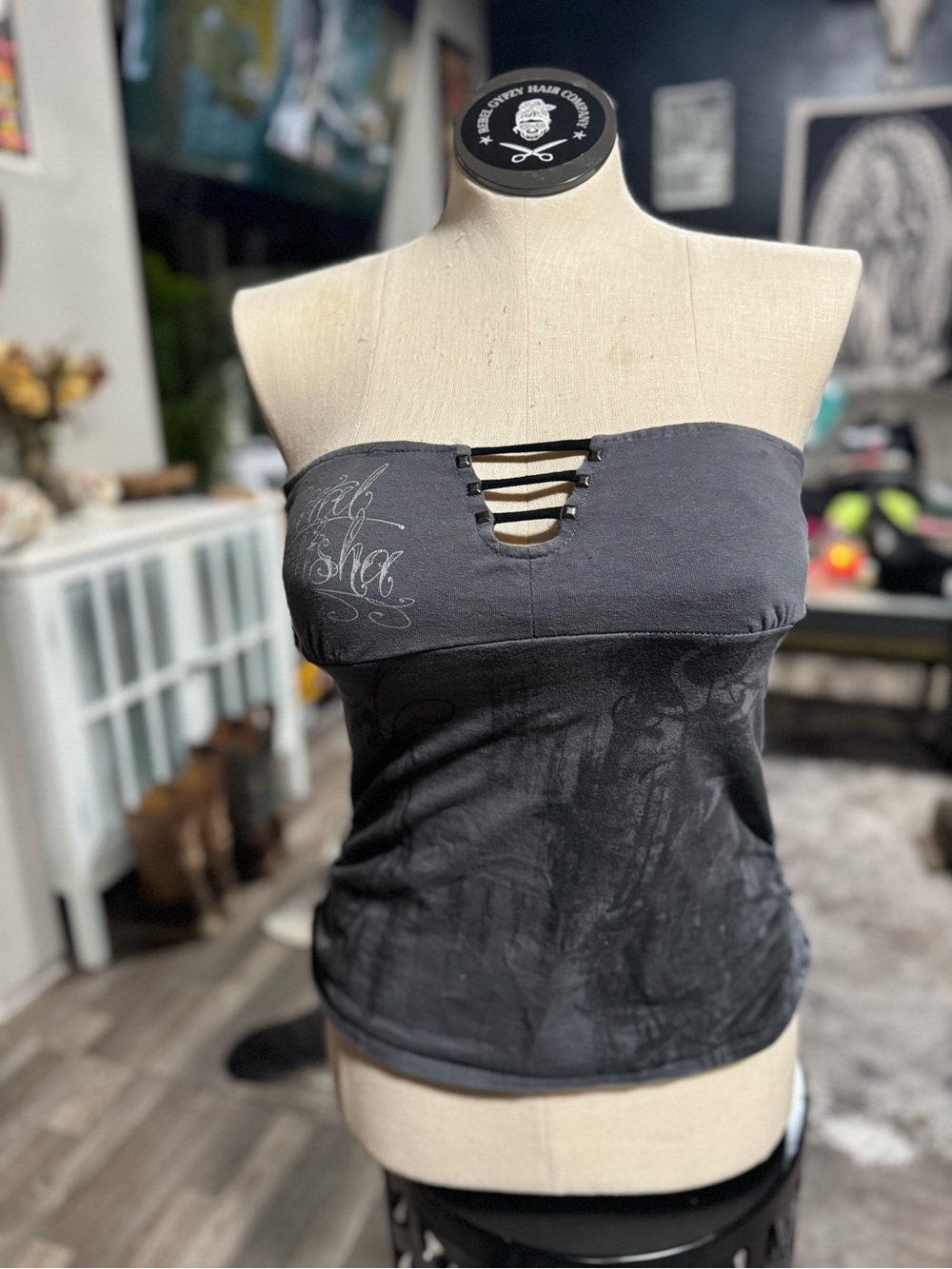 Metal Mulisha Black Strapless Tube Top with Front Ladder Detail